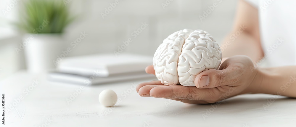 Hand holding a detailed model of the human brain on a white table ...