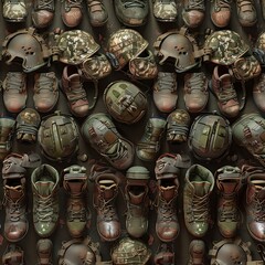 3D HD seamless pattern of army gear like helmets and boots, realistic textures, green and brown tones, detailed and uniform