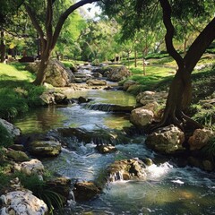 Poster - Tranquil creek flows through a lush, green park, its water cascading over smooth stones.