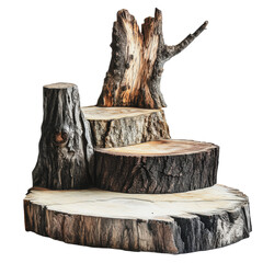 PNG Natural wood display stand with various tree stump shapes and textures in a bright setting