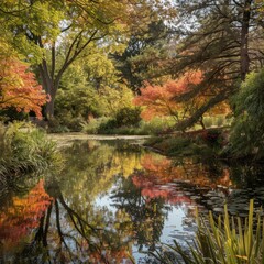 Poster - Tranquil pond reflecting autumn foliage.