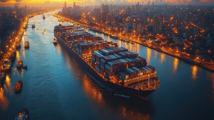 Container Ship at Sunset in Harbor