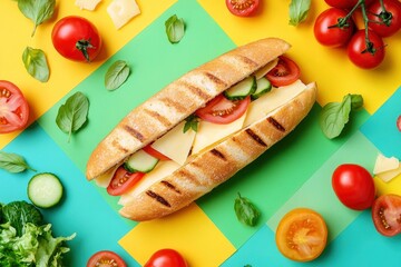 Delicious sandwich with tomatoes, cheese slices and fresh vegetables on colorful background  with generative ai