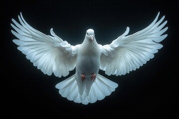 Wall Mural - majestic white dove with outstretched wings against a deep black background ethereal light emanates from its form symbolizing hope and divinity feathers captured in exquisite detail