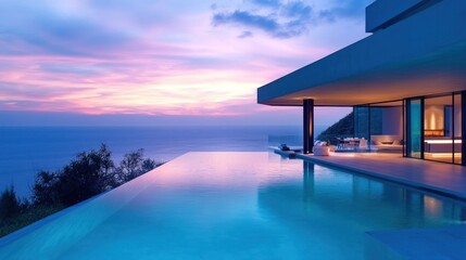 Wall Mural - Modern Villa with Infinity Pool overlooking Sunset Ocean