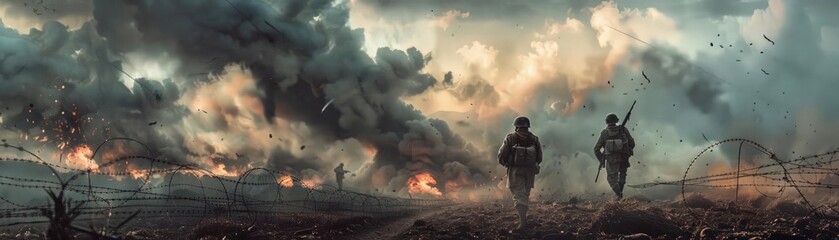 Wartorn landscape with soldiers in tactical gear and barbed wire, military, fortified positions