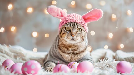 Easter cat in clothes with painted pink eggs and pink rabbit ears