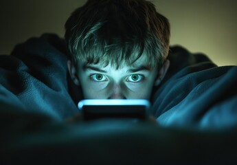 A young teenager concentrates on phone, illuminated by its blue screen while lying in bed at night.