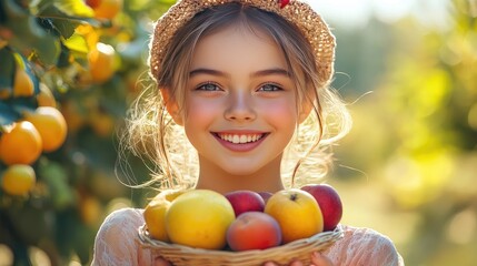 Smiling Girl Holding Basket of Fresh Apples in Orchard on Sunny Day