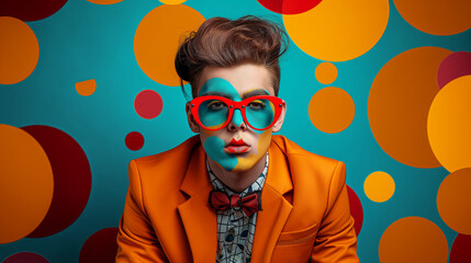 Pop art portrait of young man male person fashion model in orange jacket and paint on face. Contemporary modern trendy stylish pop art in bold hues