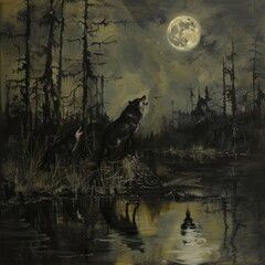 Sticker - Two wolves howl at the moon in a dark forest.