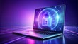 © Bounpaseuth - A digital hologram and a Laptop to for cybersecurity ON violet gradient background