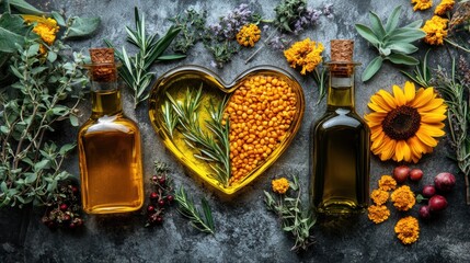 a heart shape formed by different cooking oils, including olive oil, canola oil, rice bran oil, and 