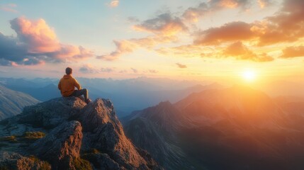 Poster - Man Sitting on Mountain Peak Watching Sunset.