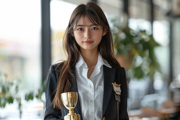 A cheerful young woman in a black blazer smiles while holding a gold trophy. Her joyful demeanor and the award in her hands symbolize success and hard work.