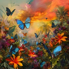 Poster - Vibrant blue butterflies flitting amidst a lush tropical paradise with blooming flowers.