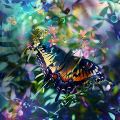 Sticker - Vibrant butterfly with colorful wings perched on a green stem in a whimsical, abstract garden.