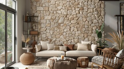 Wall Mural - A natural stoneinspired accent wall with a sandcolored chunky texture adding an organic and grounding element to the room.