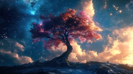 Canvas Print - Lonely Tree Under a Starry Sky.