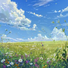 Wall Mural - Vibrant wildflowers bloom in a grassy field under a blue sky with fluffy clouds.