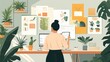 © BOJOShop - virtual interior design consultation, an interior design consultant virtually guiding a busy entrepreneur with mood boards and sketches on screen, against a serene backdrop with plants and personal