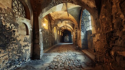 Poster - Extensive historical castle corridors with scary cave backdrops