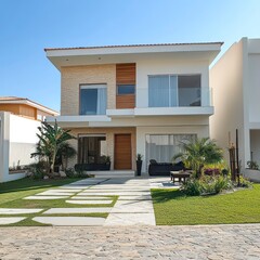 A luxurious house with modern architecture features large windows, a grand entrance, and an elegantly designed garden, blending stylish exterior construction with nature's beauty