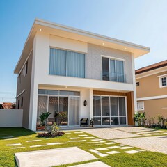 A luxurious house with modern architecture features large windows, a grand entrance, and an elegantly designed garden, blending stylish exterior construction with nature's beauty