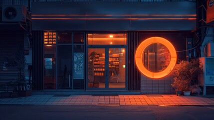 A vibrant shop window showcases an architectural design featuring orange and blue accents, inviting customers with its playful colors and modern aesthetic