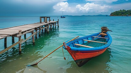 Wall Mural - fishing boat with oars in the sea in front of the wooden pier