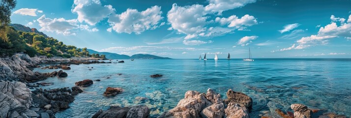 Sticker - Peaceful coastal scene featuring a rugged shoreline and distant sailboats beneath a partly cloudy sky, ideal for highlighting serene natural beauty.