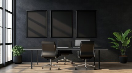 A sleek office wall in midnight black, accented with three minimalist black frames of varying sizes, arranged asymmetrically for a bold and sophisticated look