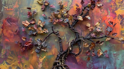 Wall Mural - A metal wire sculpture in the shape of a tree adorned with textured leaves and branches mounted on a colorful canvas backdrop.