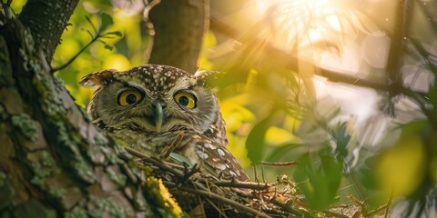 Sticker - Strix aluco owl peeking out from green nest and basking in sun rays amazing shot