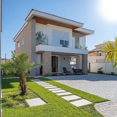 A luxurious residence featuring modern architecture, this stunning building boasts an elegant exterior with intricate design details, surrounded by a beautifully landscaped garden