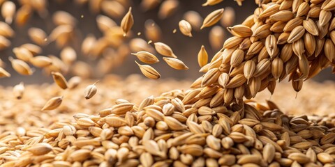 Close-up of barley malt grains falling into a pile , grains, brew, brewery, ingredient, agriculture, harvest, organic, natural