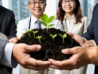 business people planting and protecting small shoots by hand, collection of business people holding small shoots