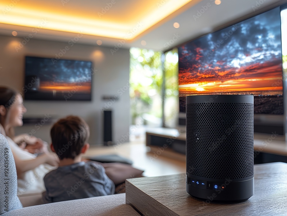 A family setting up voiceactivated commands for th 077 room, interior ...