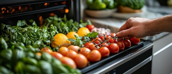 a homeowner using a smart oven that suggests recip 053 tomato, food, vegetable, red, fresh, tomatoes