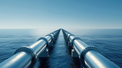 Long metallic pipelines stretching across the ocean under a clea