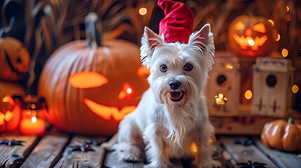 Funny halloween west white terrier dog sitting out with lanterns spooky faces fashioned from fear and a red hat with devil horns