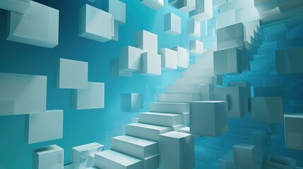 Wall Mural - Abstract 3D of floating white cubes with a staircase i