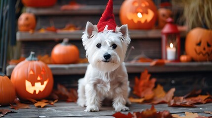 Wall Mural - Funny halloween west white terrier dog sitting out with lanterns spooky faces fashioned from fear and a red hat with devil horns