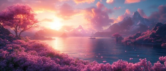 Wall Mural - A side view of an enchanting fantasy world merging  127 sky, sea, sunset, water, ocean, clouds, cloud, sun, landscape, nature, blue, horizon, sunrise, beach, evening, seascape, light, summer, sunlight