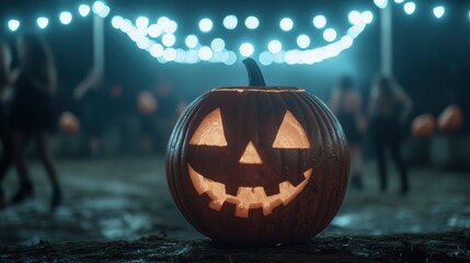 Wall Mural - Spooky jack-o'-lantern with glowing eyes and mouth