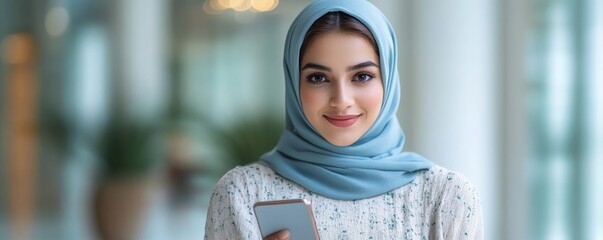 Student or young business entrepreneur using smartphone cellphone for online work, study. Isolated portrait of middle eastern Indian, Arabian woman holding technology phone device. Generative AI