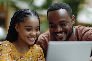 Happy African American father helps to study online to his teen age daughter, Generative AI