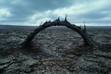 Poster - Dramatic arch-shaped tree trunk against stormy sky