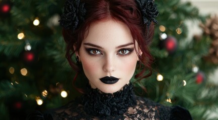 Canvas Print - Elegant woman with dark makeup and hairstyle in front of christmas tree