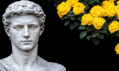 Wall Mural - ancient marble statue with yellow roses